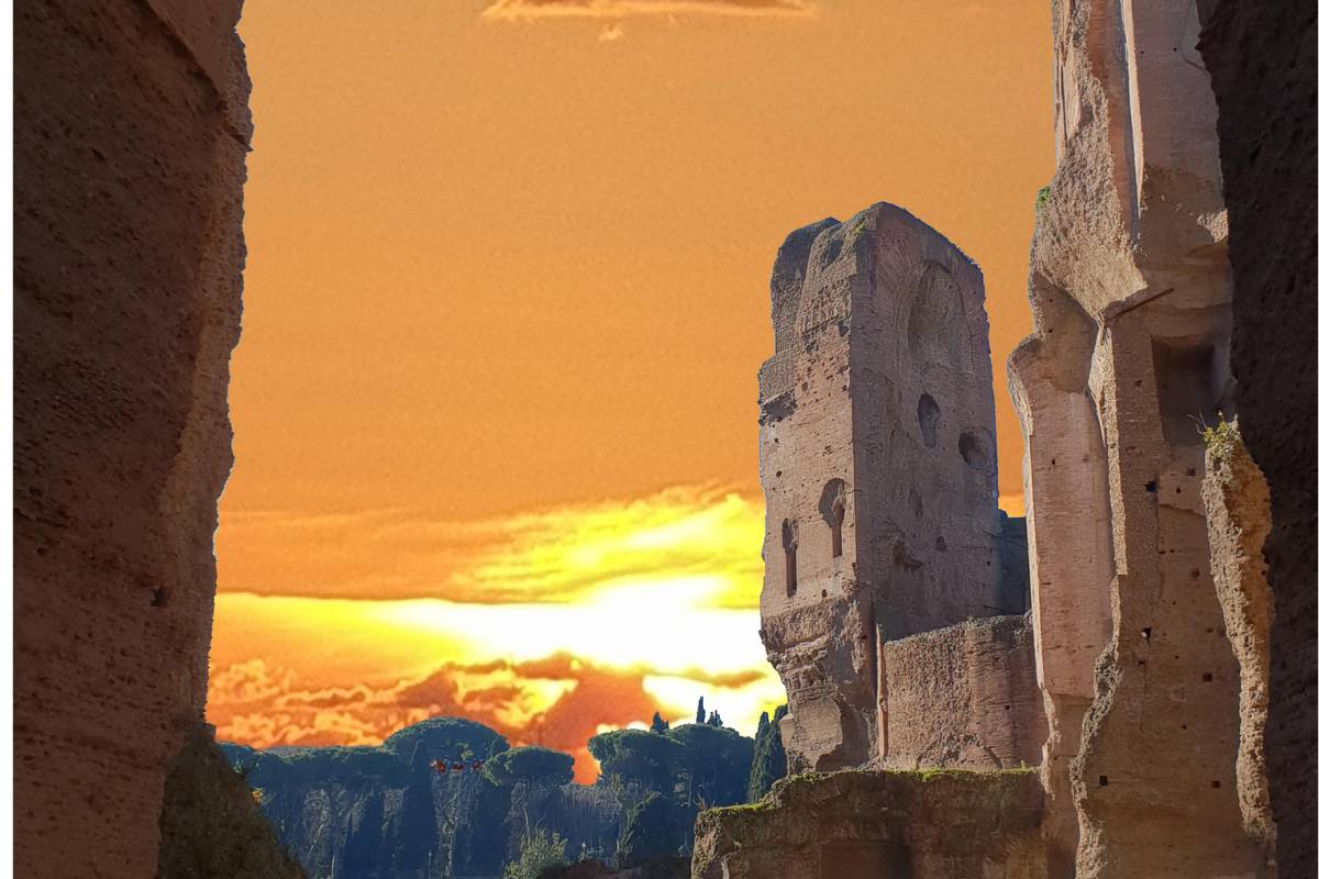 Ancient ruins under a sunset sky