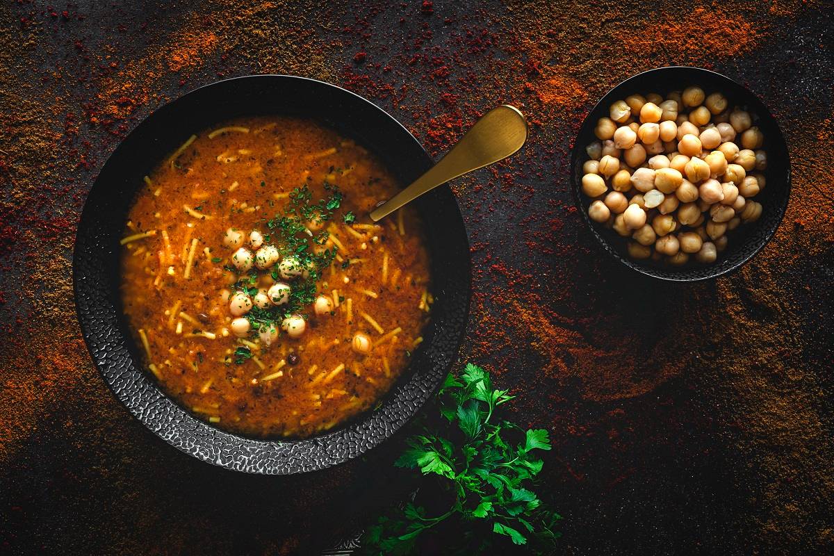 Bowl of harira soup with chickpeas